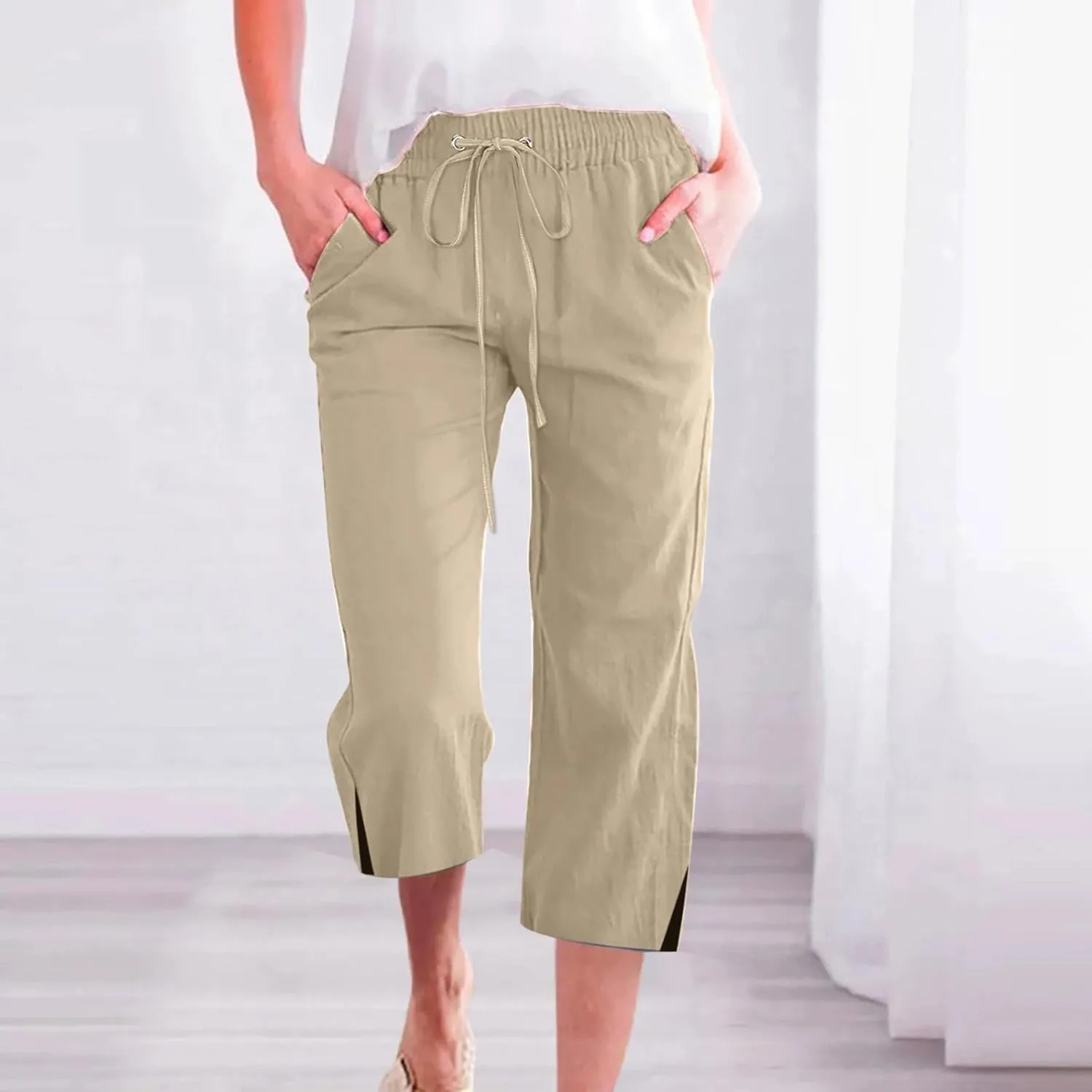PTOLOCIF Cotton Pants for Women High Waisted Wide Leg Palazzo Pant Drawstring Casual Loose Pants Trousers with Pockets