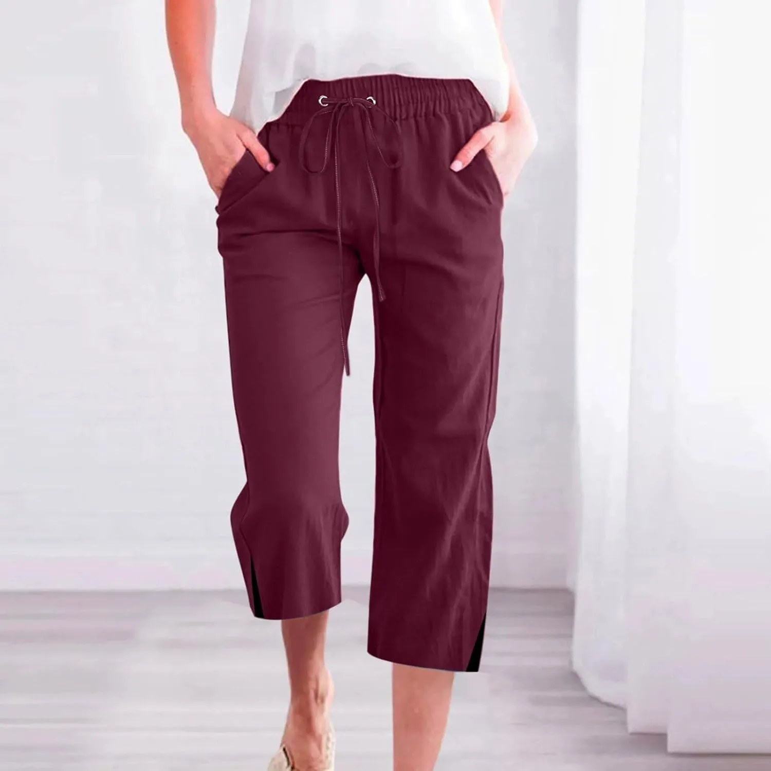 PTOLOCIF Cotton Pants for Women High Waisted Wide Leg Palazzo Pant Drawstring Casual Loose Pants Trousers with Pockets