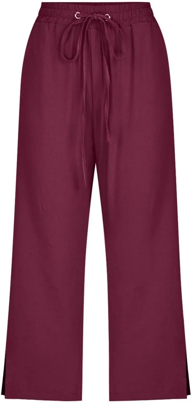 PTOLOCIF Cotton Pants for Women High Waisted Wide Leg Palazzo Pant Drawstring Casual Loose Pants Trousers with Pockets