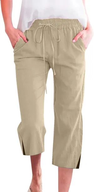 PTOLOCIF Cotton Pants for Women High Waisted Wide Leg Palazzo Pant Drawstring Casual Loose Pants Trousers with Pockets