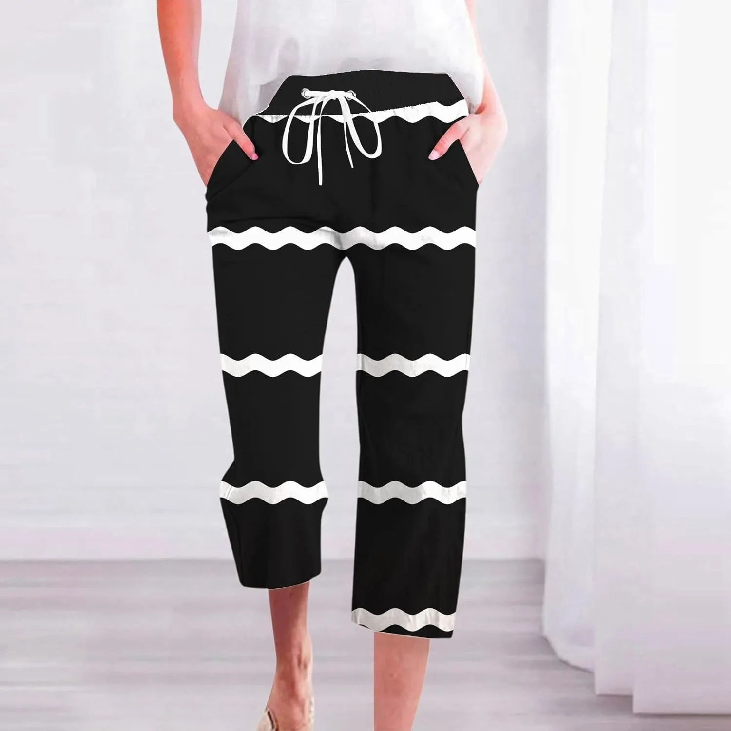 PTOLOCIF Linen Pants for Women Straight Leg Pant Elastic Drawstring Casual Trousers with Pockets Summer Beach Lounge Pants