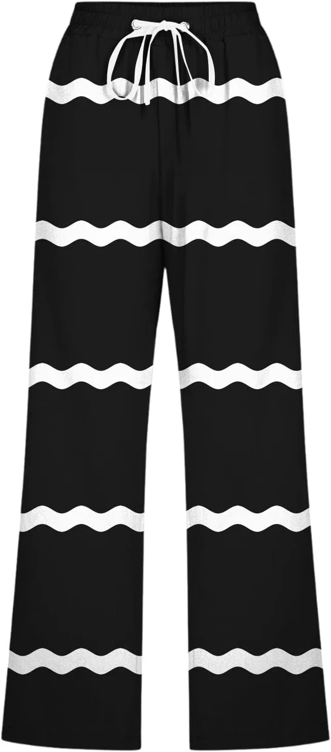 PTOLOCIF Linen Pants for Women Straight Leg Pant Elastic Drawstring Casual Trousers with Pockets Summer Beach Lounge Pants