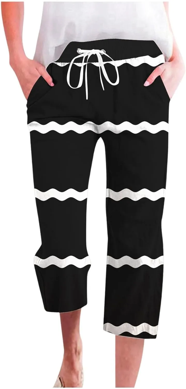 PTOLOCIF Linen Pants for Women Straight Leg Pant Elastic Drawstring Casual Trousers with Pockets Summer Beach Lounge Pants