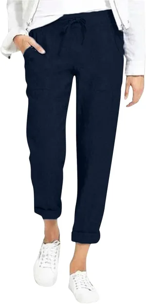 PTOLOCIF Linen Pants for Women Summer Drawstring Waist Pants Wide Leg Loose Cotton Linen Palazzo Trousers with Pockets