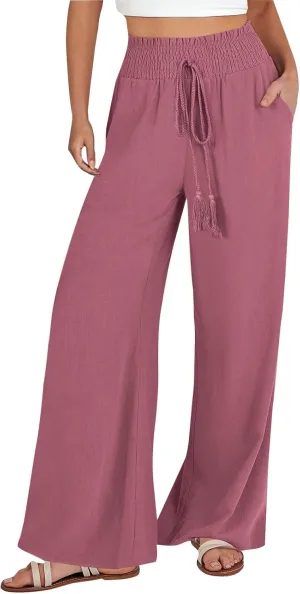 PTOLOCIF Linen Pants Women Summer High Waist Elastic Pants Straight Leg Lounge Pant Casual Loose Lightweight Beach Trousers