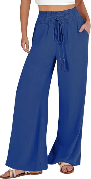 PTOLOCIF Linen Pants Women Summer High Waist Elastic Pants Straight Leg Lounge Pant Casual Loose Lightweight Beach Trousers