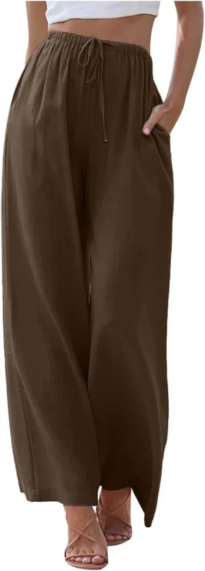 PTOLOCIF Linen Pants Women Summer,Wide Leg Capri Palazzo Pants Cotton Linen Pants Elastic Waist Casual Comfy Lounge Pants