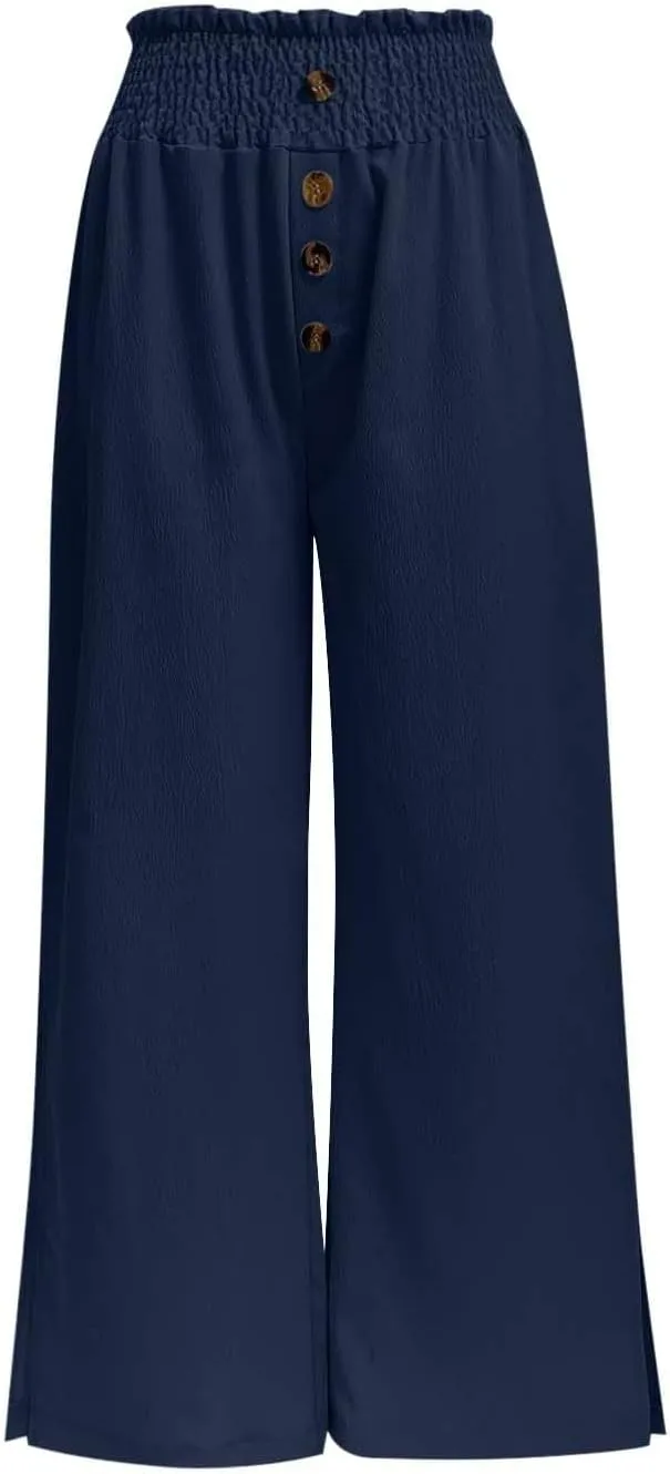 PTOLOCIF Petite Linen Pants for Women Lightweight Summer Relax Fit Pants Elastic Waist Plus Size Lounge Long Trousers