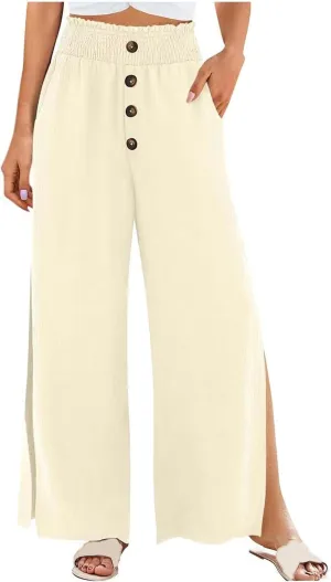 PTOLOCIF Petite Linen Pants for Women Lightweight Summer Relax Fit Pants Elastic Waist Plus Size Lounge Long Trousers
