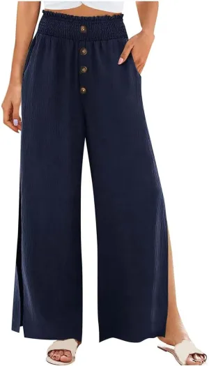 PTOLOCIF Petite Linen Pants for Women Lightweight Summer Relax Fit Pants Elastic Waist Plus Size Lounge Long Trousers