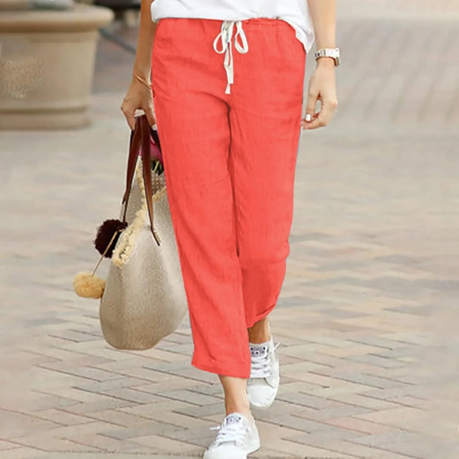PTOLOCIF Petite Linen Pants for Women Summer Palazzo Pants Flowy Wide Leg Beach Trouser Trendy Boho Pants with Pockets