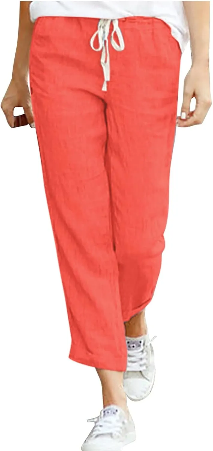 PTOLOCIF Petite Linen Pants for Women Summer Palazzo Pants Flowy Wide Leg Beach Trouser Trendy Boho Pants with Pockets