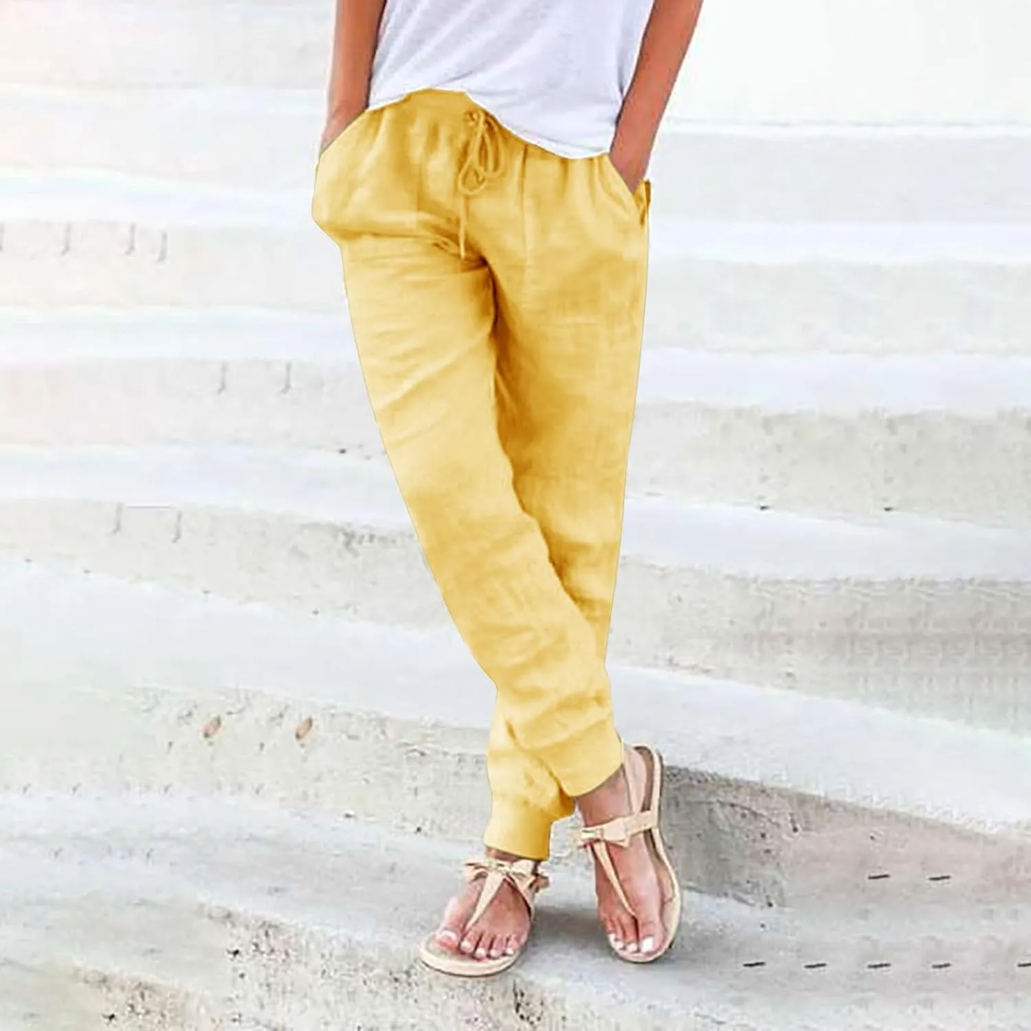 PTOLOCIF Women's Cotton Linen Pants High Waist Drawstring Pants Loose Fit Summer Flowy Boho Pant Trousers with Side Pockets