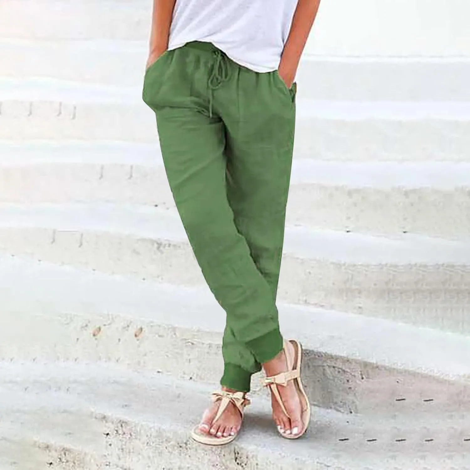 PTOLOCIF Women's Cotton Linen Pants High Waist Drawstring Pants Loose Fit Summer Flowy Boho Pant Trousers with Side Pockets