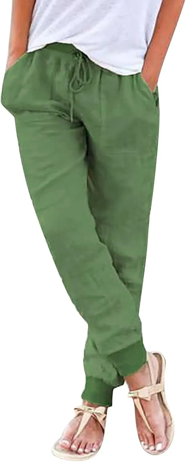 PTOLOCIF Women's Cotton Linen Pants High Waist Drawstring Pants Loose Fit Summer Flowy Boho Pant Trousers with Side Pockets