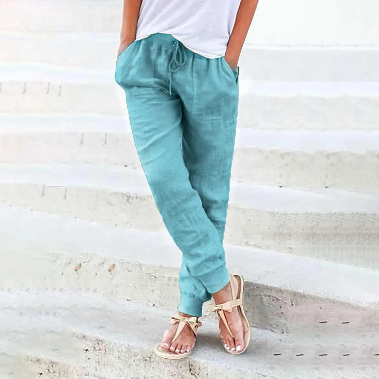 PTOLOCIF Women's Cotton Linen Pants High Waist Drawstring Pants Loose Fit Summer Flowy Boho Pant Trousers with Side Pockets