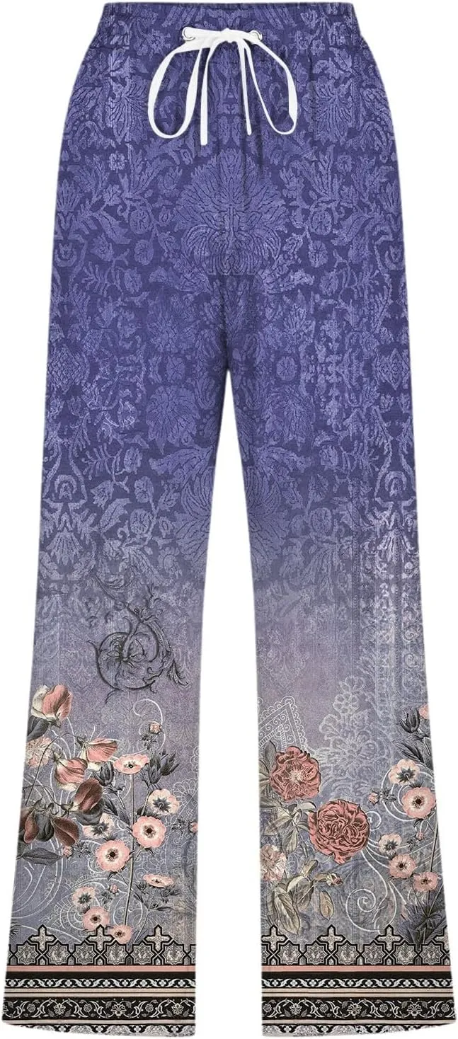 PTOLOCIF Women's Cotton Linen Pants High Waisted Long Palazzo Pants Wide Leg Cotton Linen Lounge Pant Trousers with Pockets