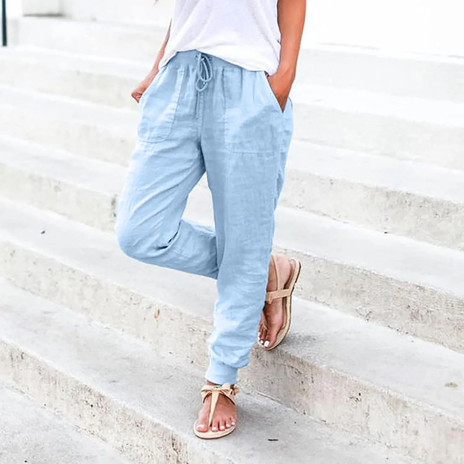 PTOLOCIF Women's Cotton Linen Pants Summer Baggy Boho Casual Palazzo Pants Wide Leg Long Lounge Trousers with Pockets