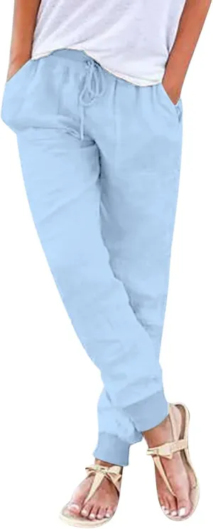 PTOLOCIF Women's Cotton Linen Pants Summer Baggy Boho Casual Palazzo Pants Wide Leg Long Lounge Trousers with Pockets