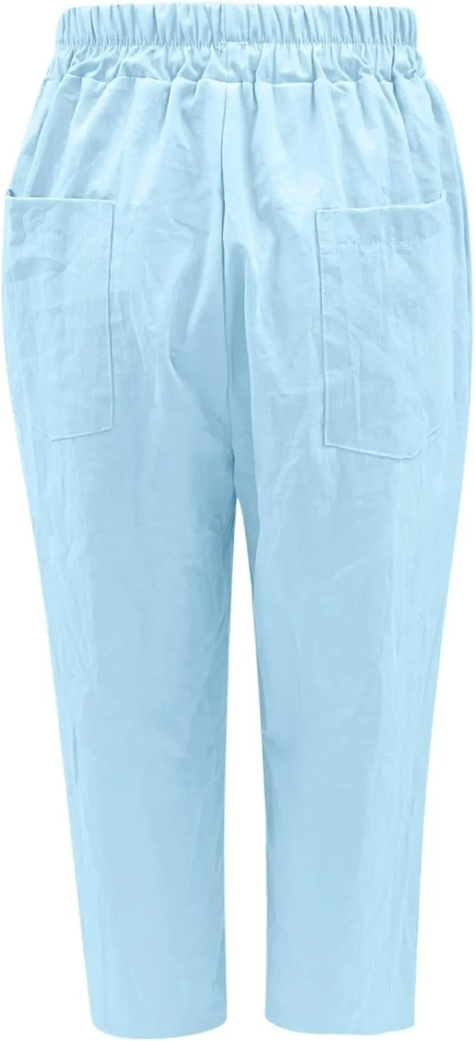 PTOLOCIF Women's Cotton Linen Pants Wide Leg Pants Casual Loose Drawstring Pant Summer Palazzo Harem Trousers with Pockets
