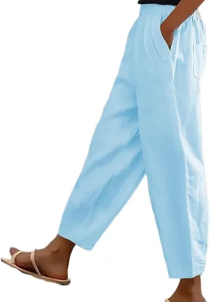 PTOLOCIF Women's Cotton Linen Pants Wide Leg Pants Casual Loose Drawstring Pant Summer Palazzo Harem Trousers with Pockets