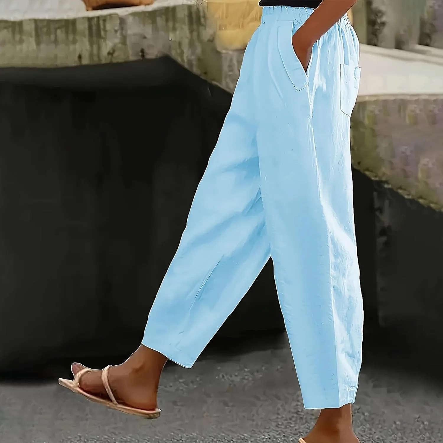 PTOLOCIF Women's Cotton Linen Pants Wide Leg Pants Casual Loose Drawstring Pant Summer Palazzo Harem Trousers with Pockets