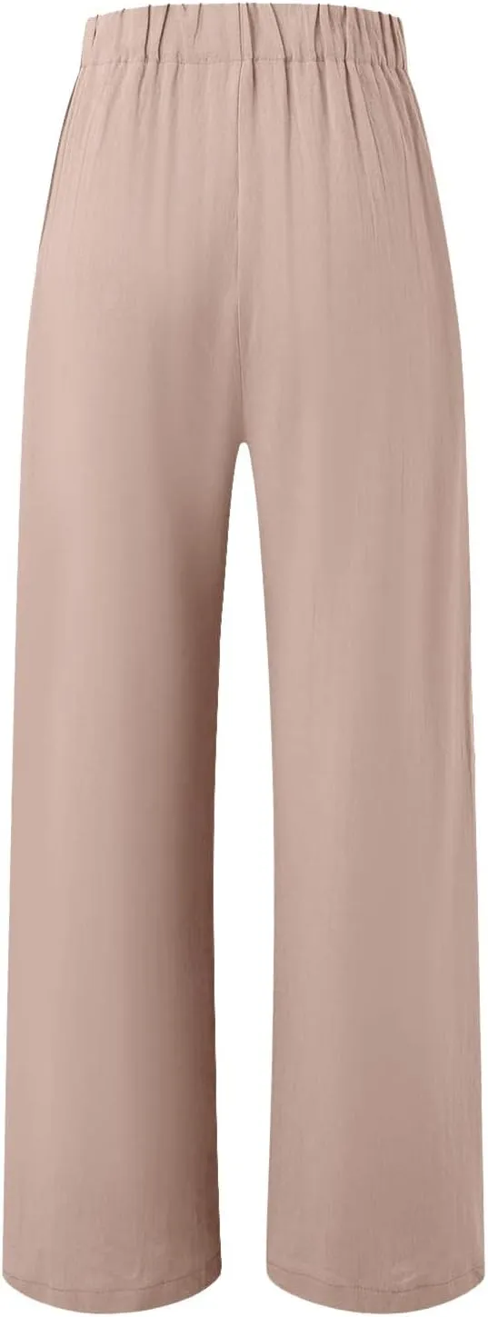 PTOLOCIF Womens Linen Pants Casual Elastic Waist Wide Leg Pants with Pockets High Waisted Drawstring Beach Pant Trousers