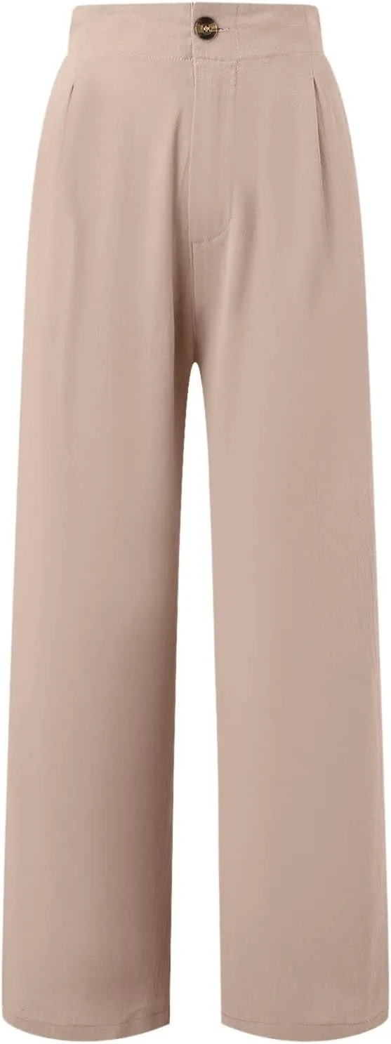 PTOLOCIF Womens Linen Pants Casual Elastic Waist Wide Leg Pants with Pockets High Waisted Drawstring Beach Pant Trousers