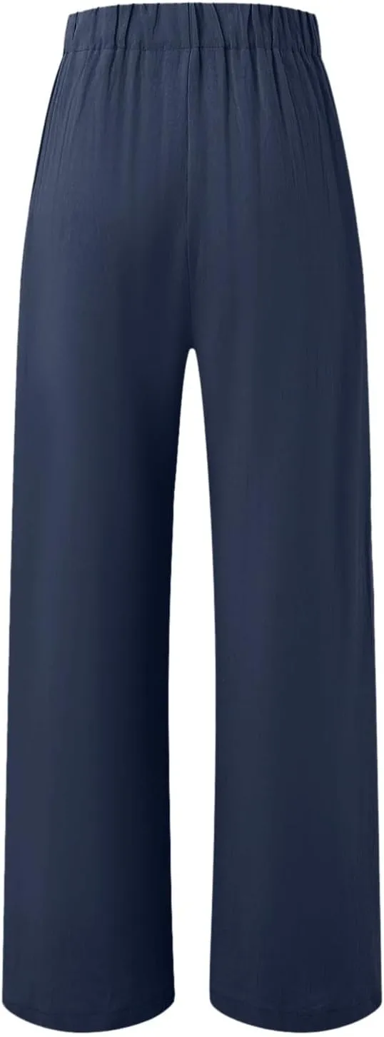 PTOLOCIF Womens Linen Pants Casual Elastic Waist Wide Leg Pants with Pockets High Waisted Drawstring Beach Pant Trousers