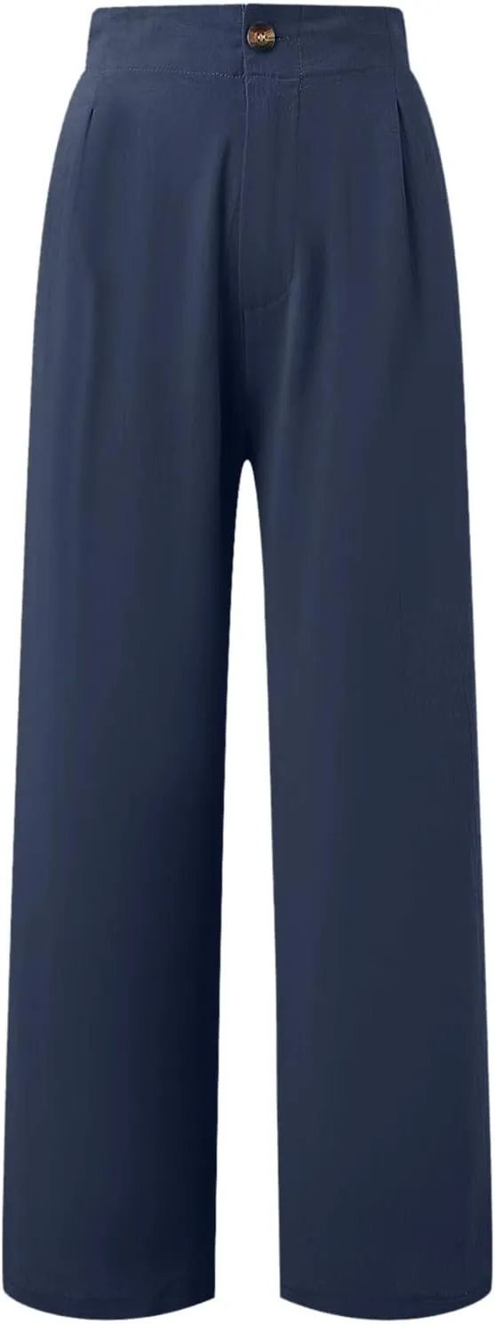 PTOLOCIF Womens Linen Pants Casual Elastic Waist Wide Leg Pants with Pockets High Waisted Drawstring Beach Pant Trousers