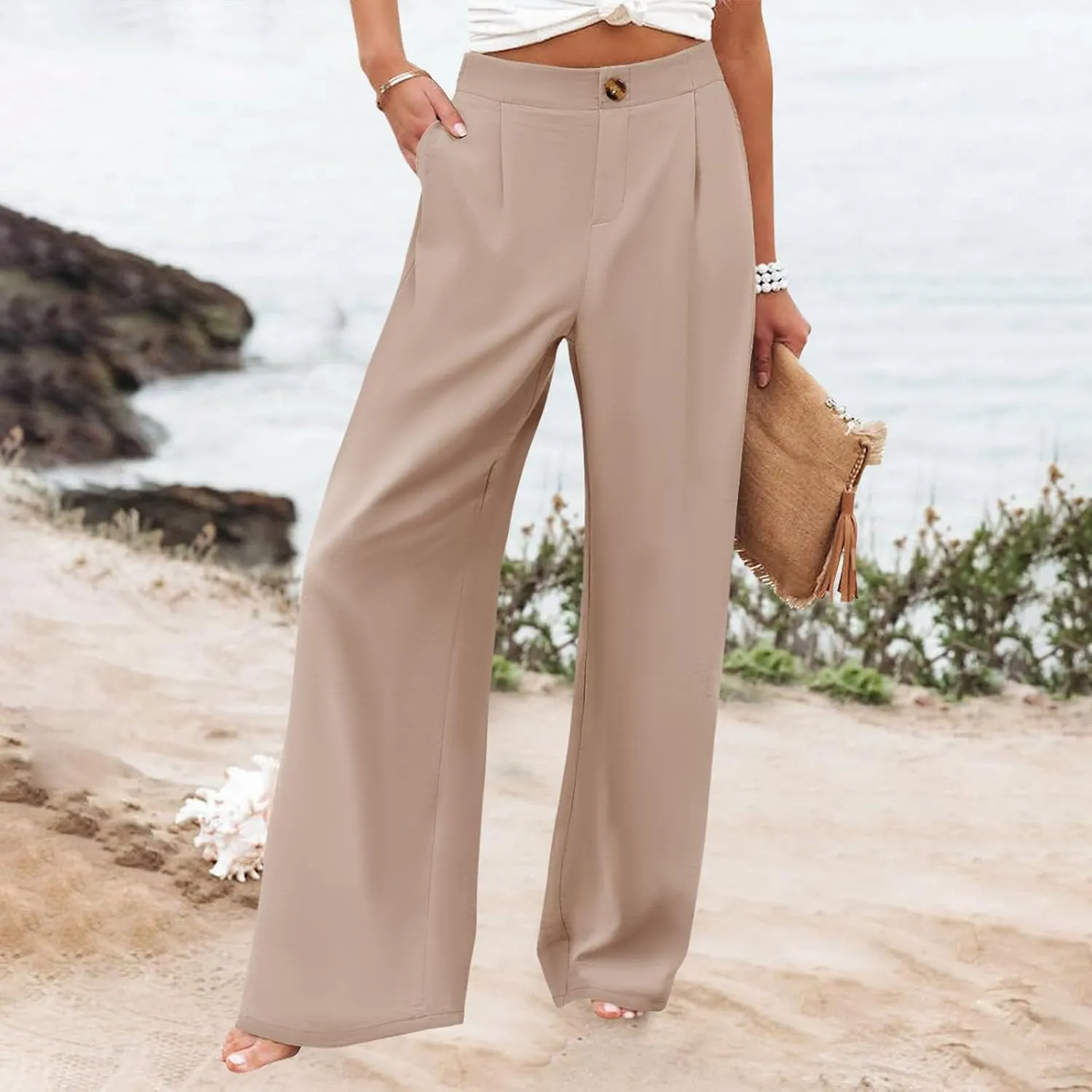 PTOLOCIF Womens Linen Pants Casual Elastic Waist Wide Leg Pants with Pockets High Waisted Drawstring Beach Pant Trousers