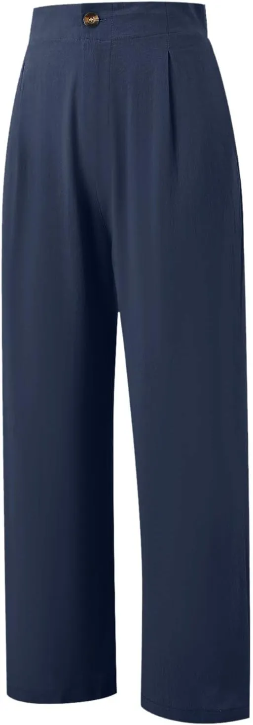 PTOLOCIF Womens Linen Pants Casual Elastic Waist Wide Leg Pants with Pockets High Waisted Drawstring Beach Pant Trousers