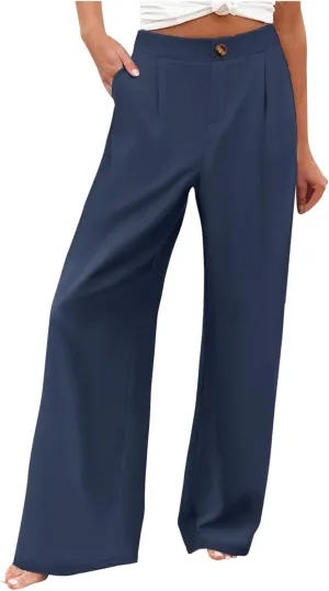 PTOLOCIF Womens Linen Pants Casual Elastic Waist Wide Leg Pants with Pockets High Waisted Drawstring Beach Pant Trousers