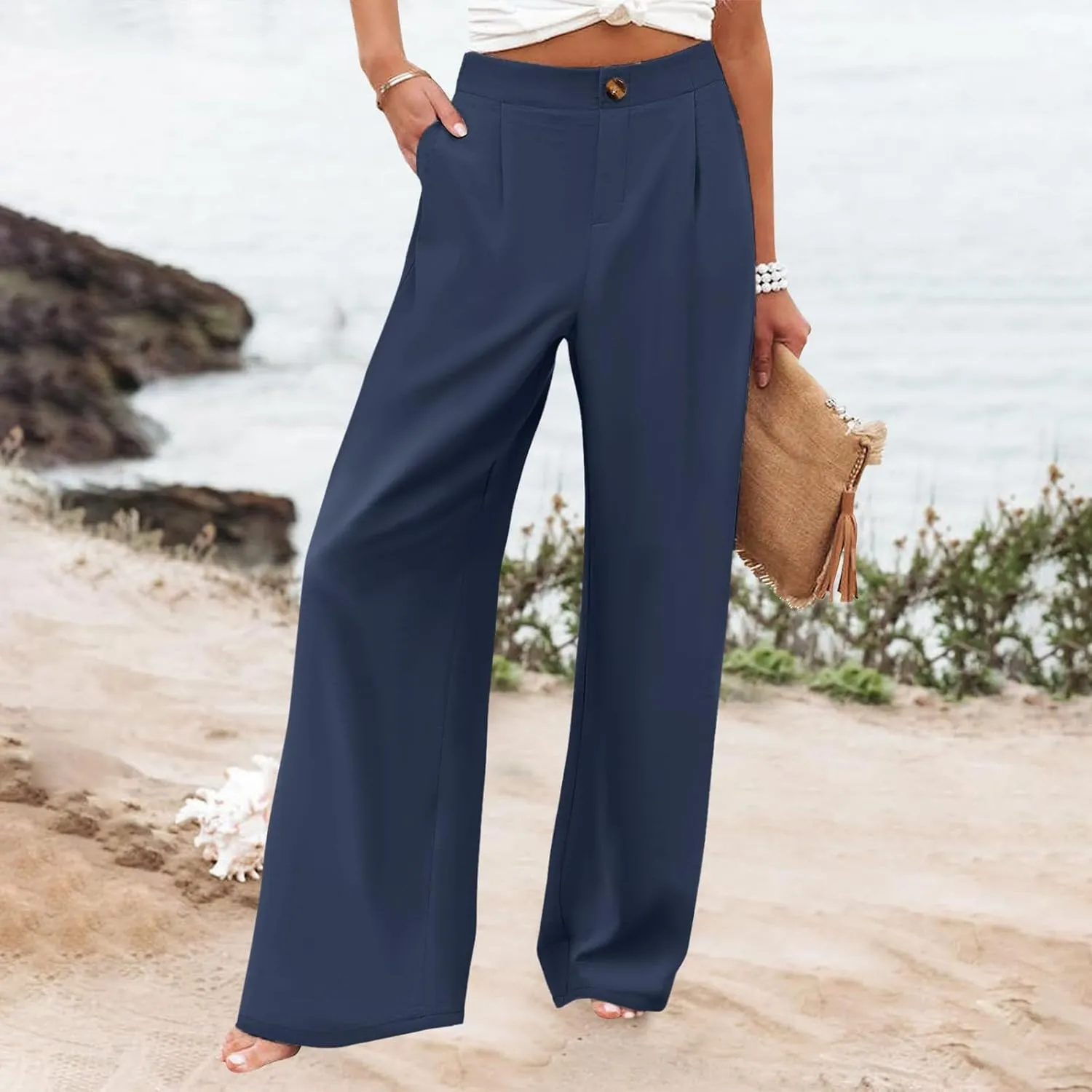 PTOLOCIF Womens Linen Pants Casual Elastic Waist Wide Leg Pants with Pockets High Waisted Drawstring Beach Pant Trousers