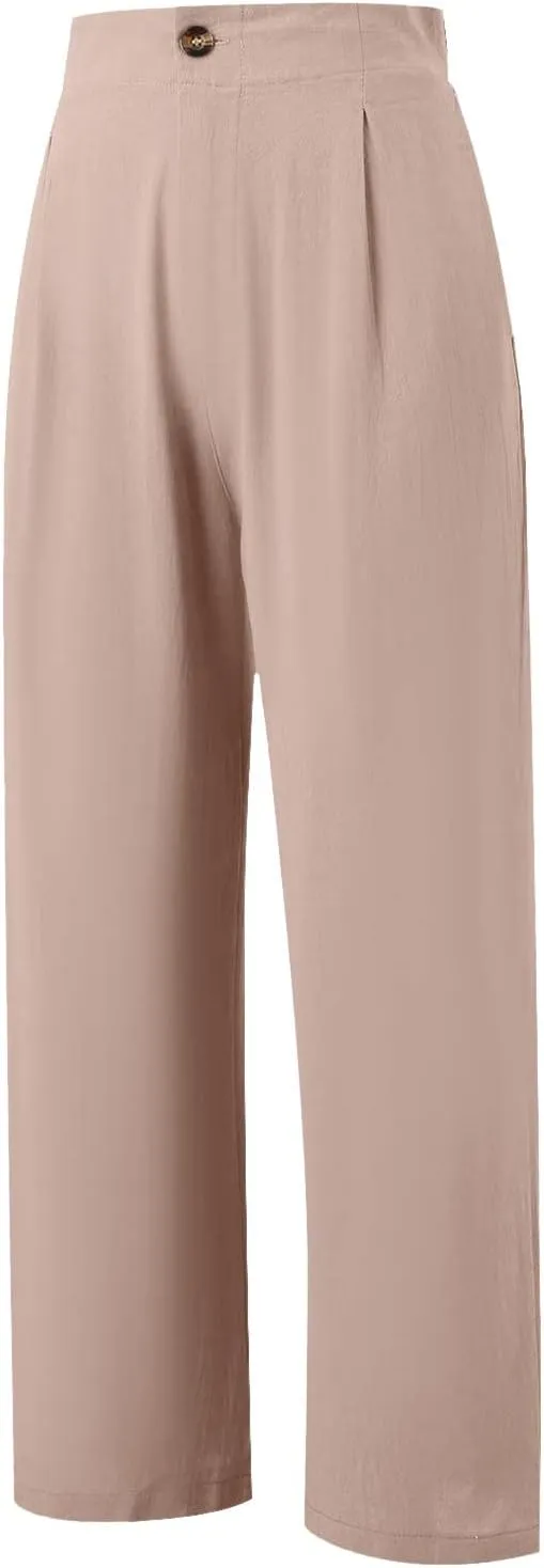 PTOLOCIF Womens Linen Pants Casual Elastic Waist Wide Leg Pants with Pockets High Waisted Drawstring Beach Pant Trousers