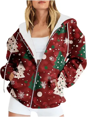 Quilted Jackets for Women Casual Christmas Print Winter Coats Full Zip Hoodies Long Sleeve Sweatshirt with Pockets