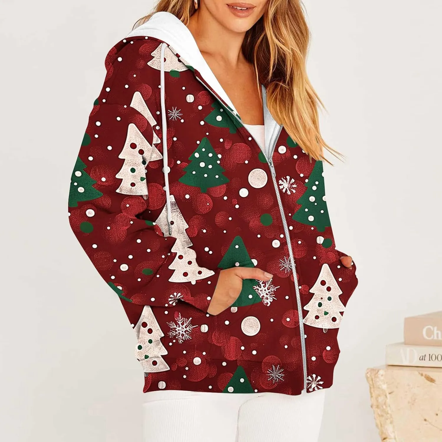 Quilted Jackets for Women Casual Christmas Print Winter Coats Full Zip Hoodies Long Sleeve Sweatshirt with Pockets