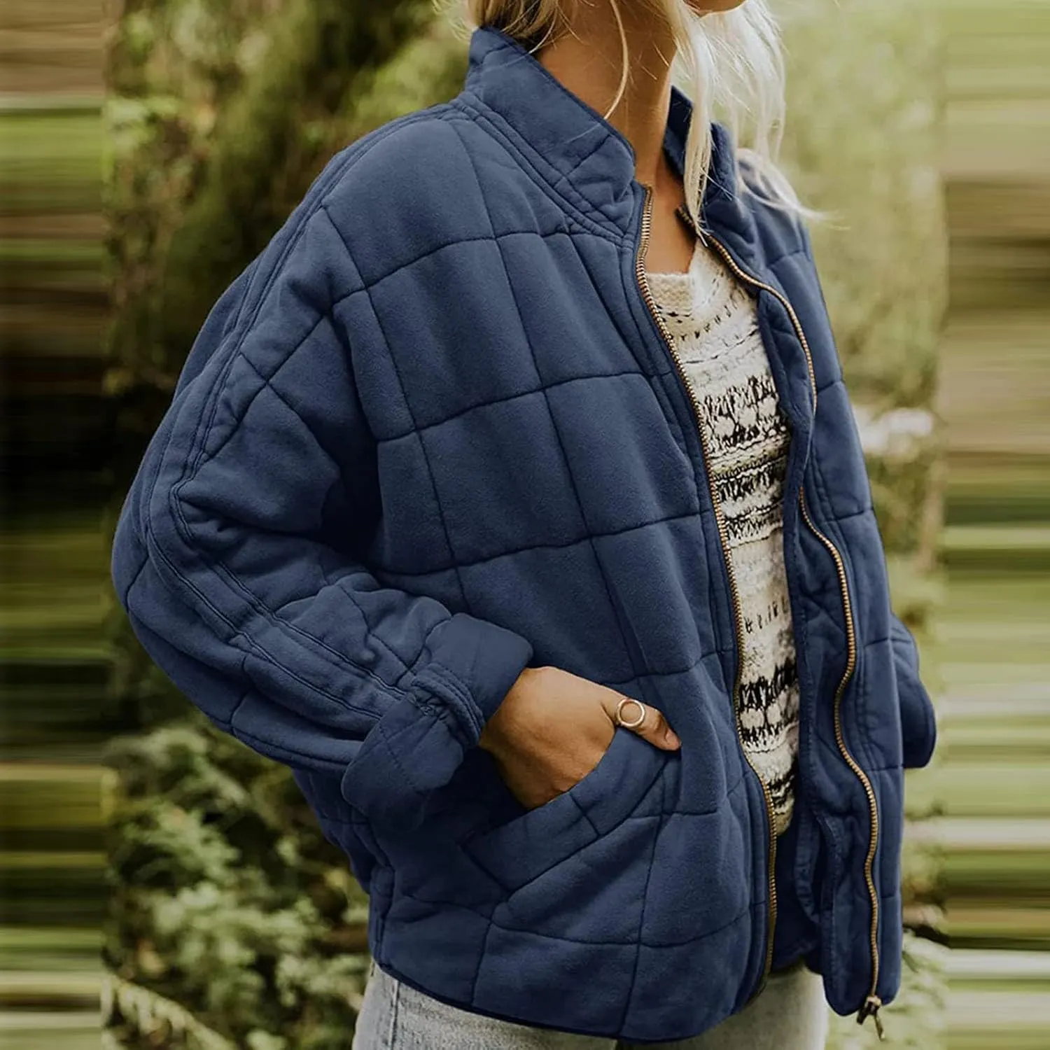 Quilted Jackets for Women, Long Sleeve Zip Puffer Jackets Loose Casual Jacket Coat Winter Warm Outwear with Pockets