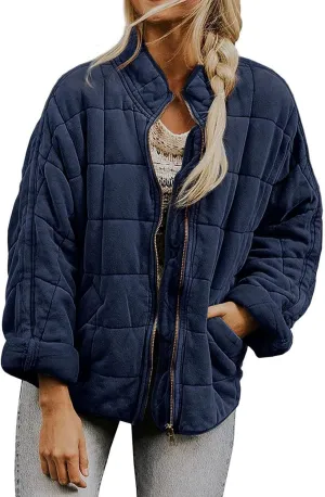 Quilted Jackets for Women, Long Sleeve Zip Puffer Jackets Loose Casual Jacket Coat Winter Warm Outwear with Pockets