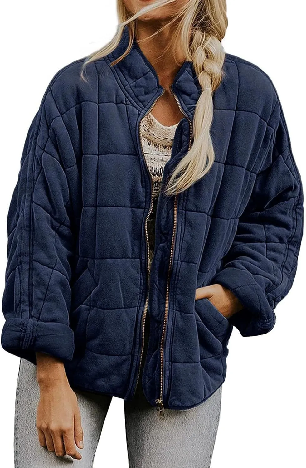 Quilted Jackets for Women, Long Sleeve Zip Puffer Jackets Loose Casual Jacket Coat Winter Warm Outwear with Pockets