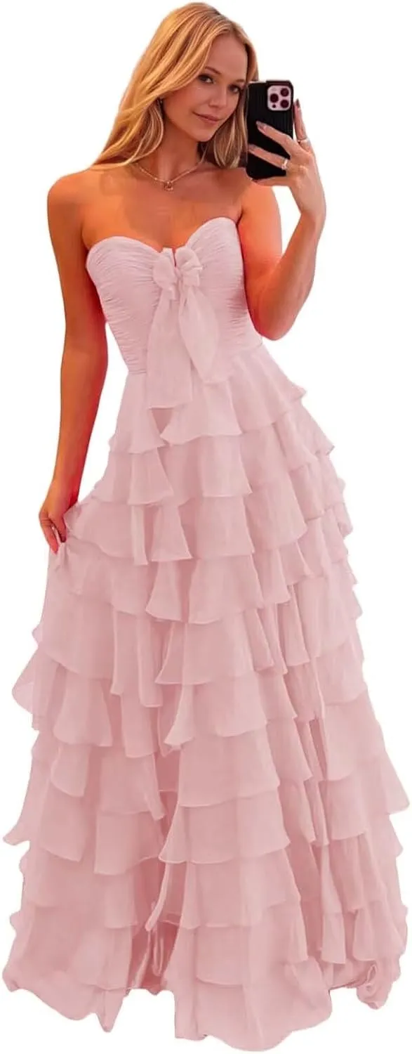 Ruffle Prom Dress with Slit Chiffon Flowy Formal Evening Dresses for Teens 2025