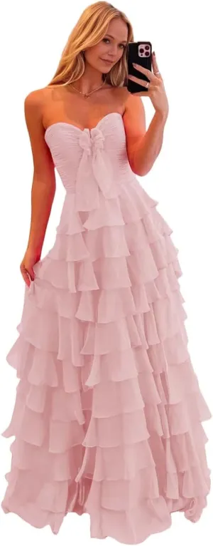 Ruffle Prom Dress with Slit Chiffon Flowy Formal Evening Dresses for Teens 2025