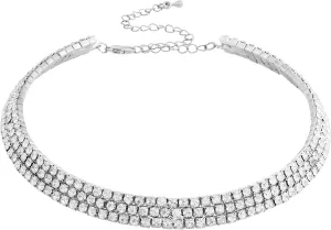 Sacina 3 Row Silver-tone Rhinestone Choker Necklace, Bling Tennis Necklace, Costume Jewelry, Christmas Jewelry Gifts
