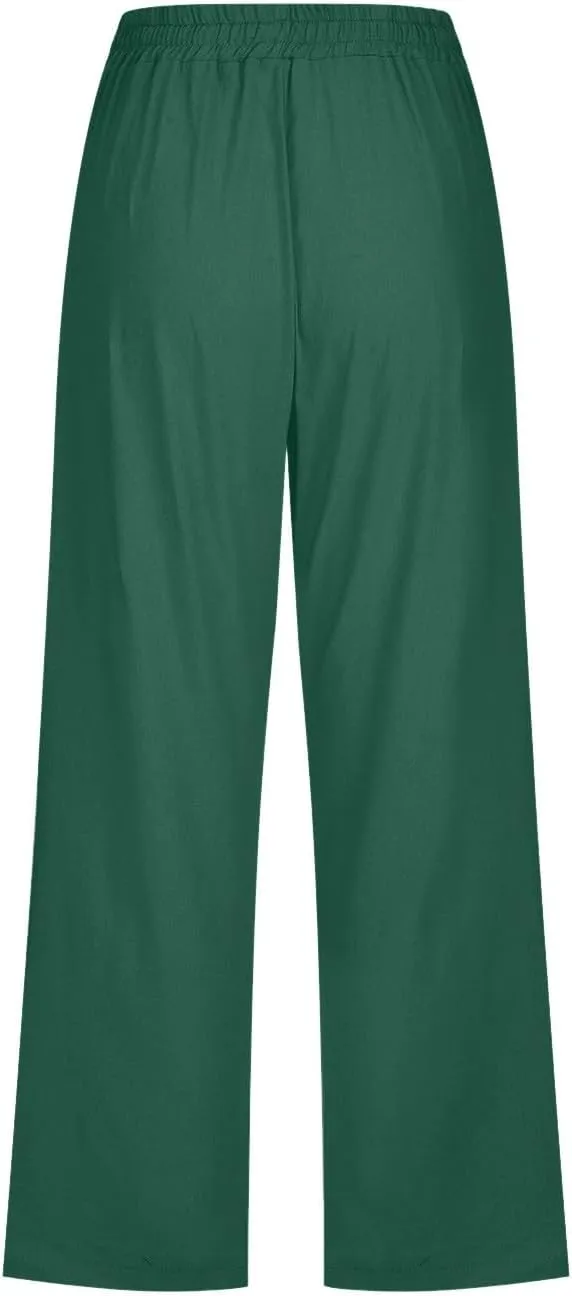 sdbrld Linen Pants for Women,Womens Casual Capris Pants High Waist Drawstring Pants Lightweight Buttons Trousers with Pockets