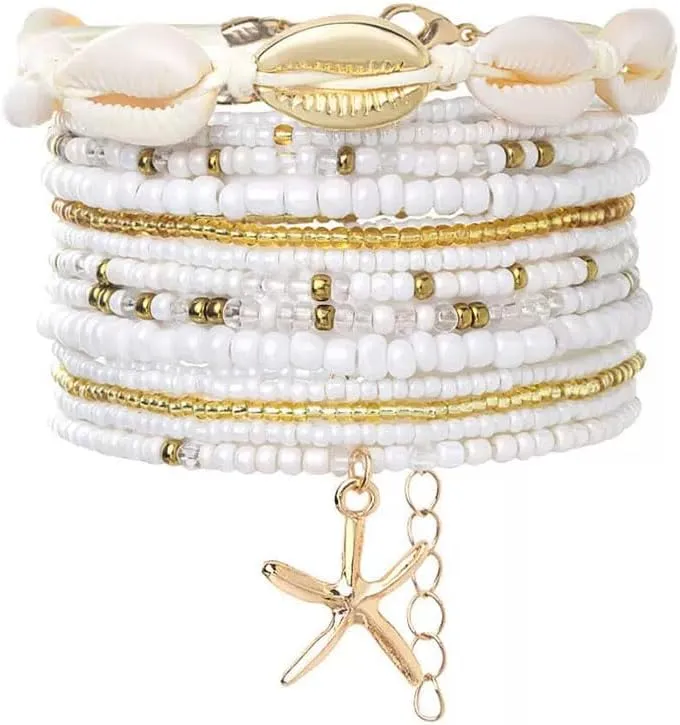 Seashell Starfish Anklet Colorful Stacked Anklets Bohemian Seashell Beaded Anklet Hawaii Summer Beach Waterproof Surfer Starfish Jewelry for Women 13PCS