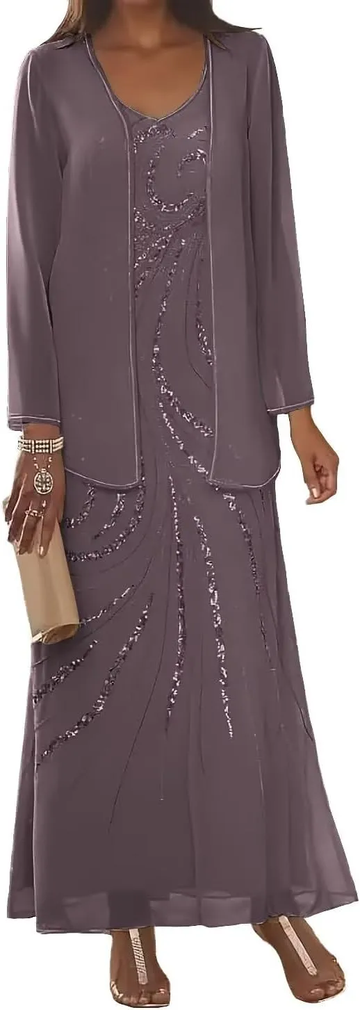 Sequin 2 Pieces Mother of The Bride Dresses for Wedding with Jacket Beaded Wedding Guest Dress Long Sleeve Evening Gown