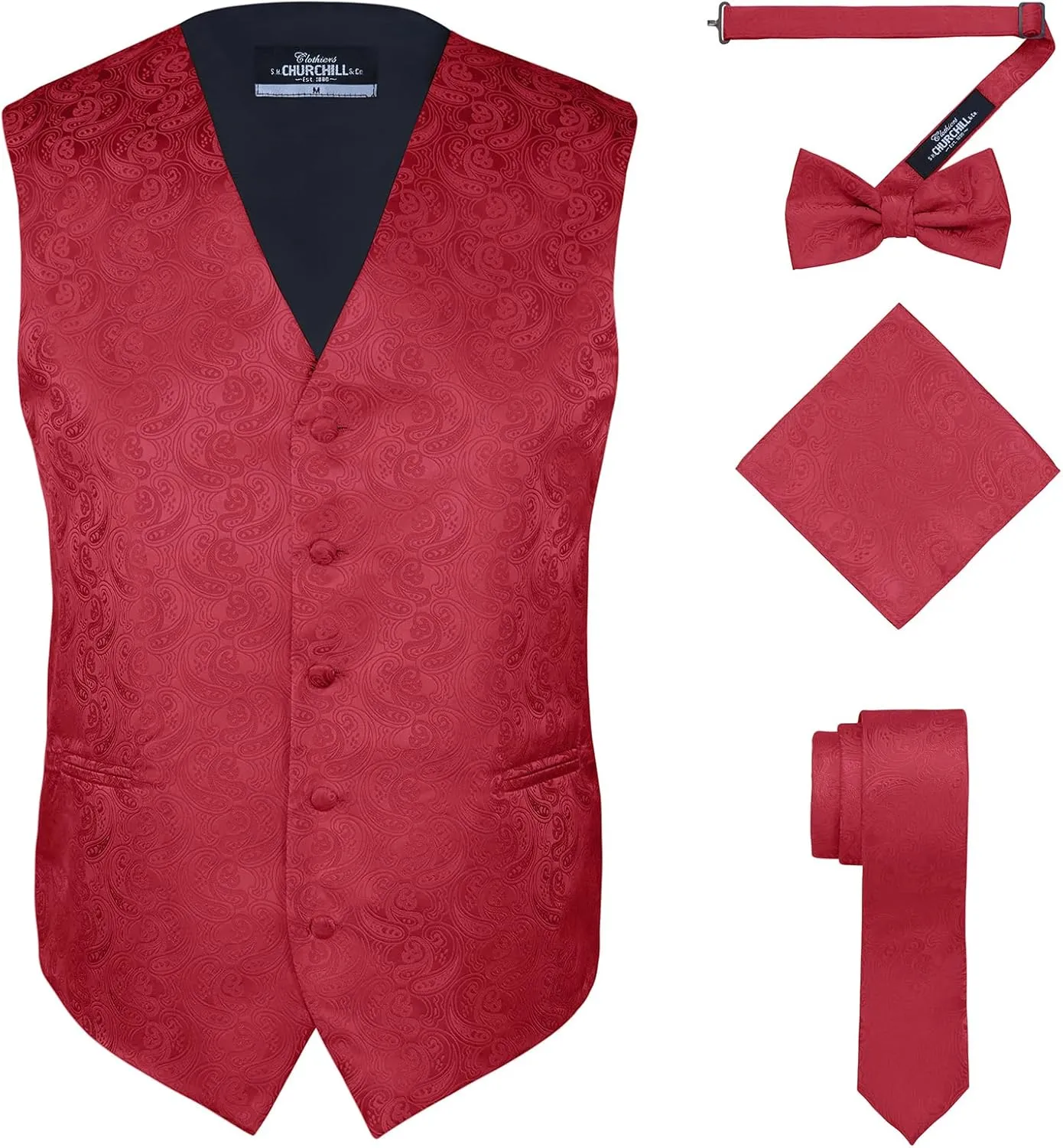 S.H. Churchill & Co. Men's 4 Piece Paisley Vest Set, with Bow Tie, Neck Tie & Pocket Hanky