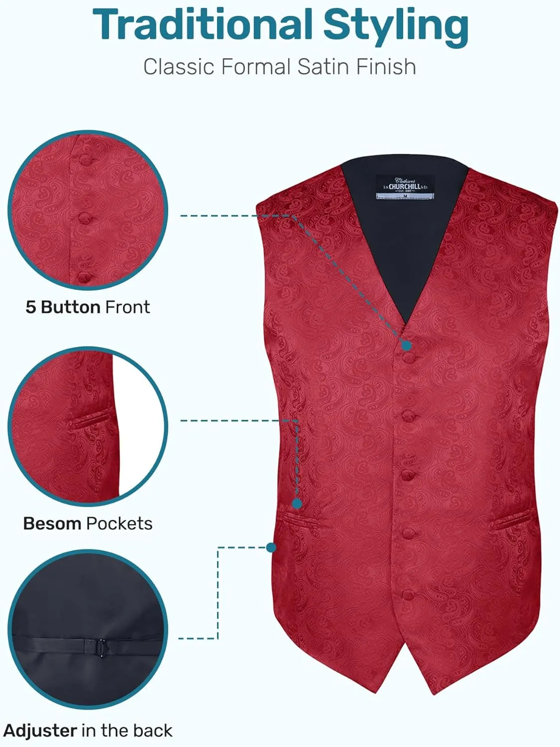 S.H. Churchill & Co. Men's 4 Piece Paisley Vest Set, with Bow Tie, Neck Tie & Pocket Hanky