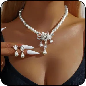 Silver Plated Flower Jewelry Set - Adjustable Pearl Choker Necklace and Drop Earrings - Dainty Wedding Pearl Jewelry