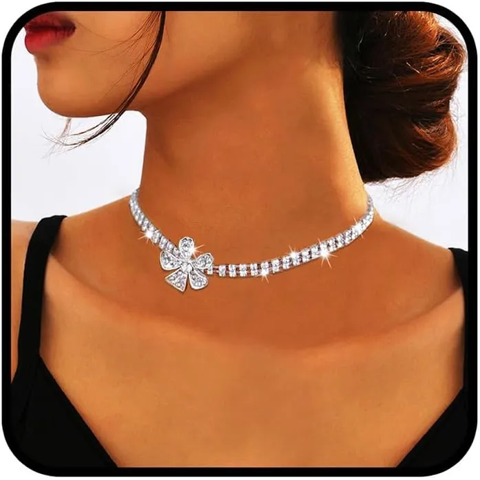 Sixexey Rhinestone Choker Necklace Silver Crystal Necklace Jewelry Flower Prom Wedding Jewelry Necklace for Women